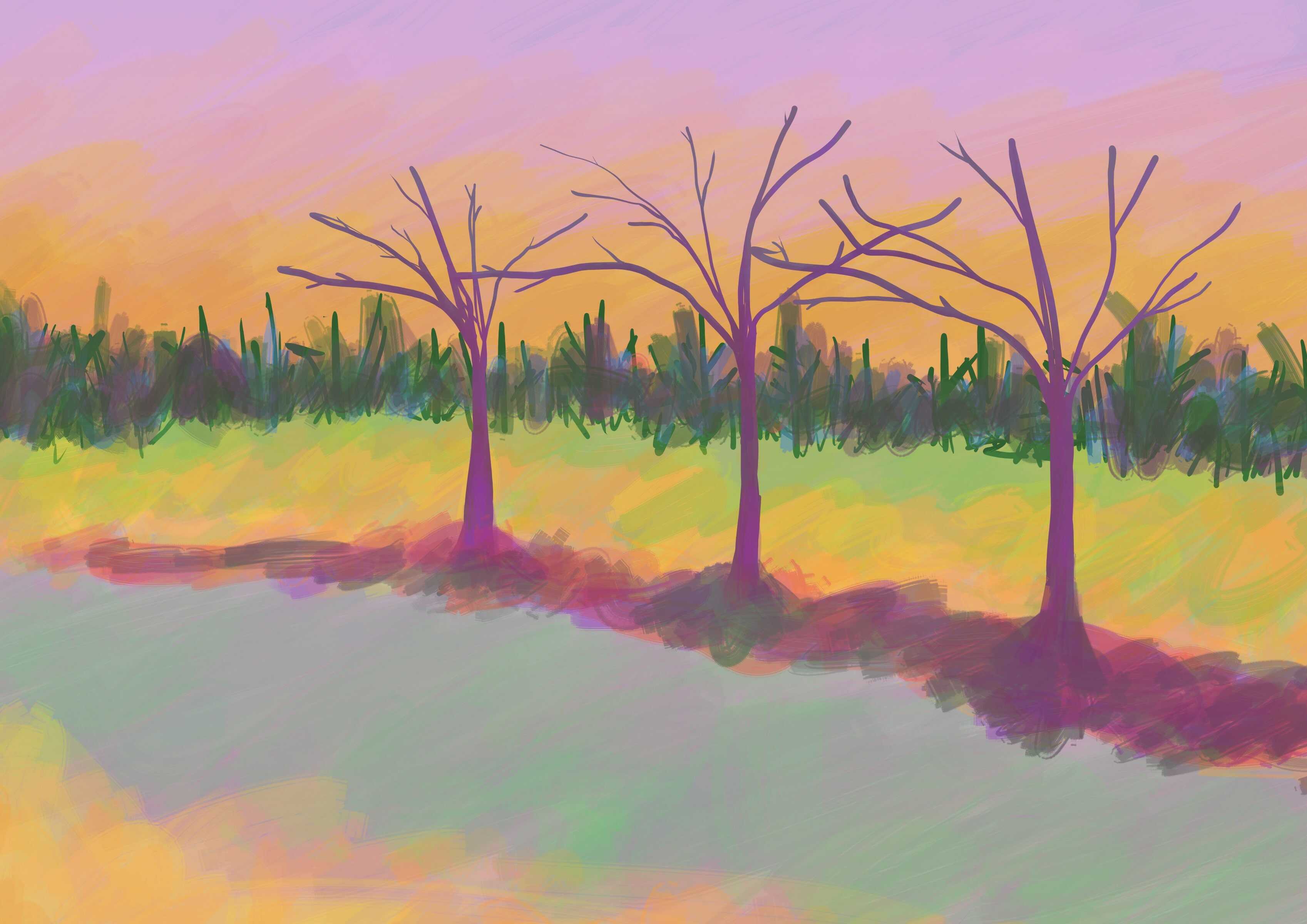 Hypersaturated digital drawing of a landscape with trees around sunset.