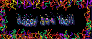 Happy New Year, written in mullticolored text on a black background, surrounded by ribbons.